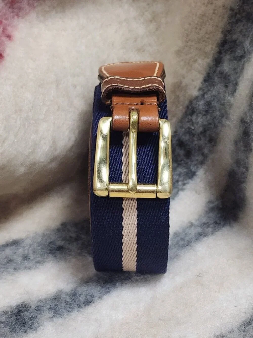 Dooney & Bourke Women's Navy Cream Striped Web Belt Leather Trim Size 32